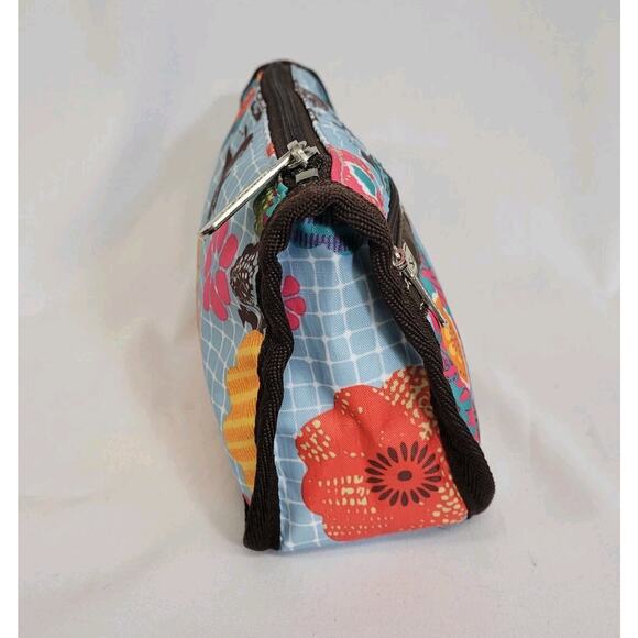 Lesportsac Blue Brown Pink Floral Nylon 5"x7'x2.5" Make Up Toiletry Bag Pouch - Picture 2 of 10